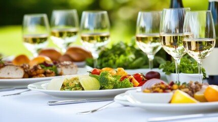 Elegant outdoor dining setup with white wine and fresh salads, AI