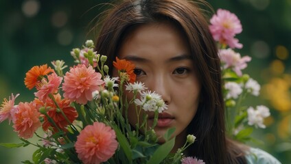 Asian woman peeking through colorful flowers, serious expression, outdoor background