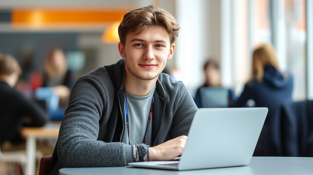 A young man, a businessman at a computer in a bright spacious office. His colleagues are in the background.