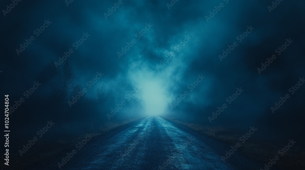 Poster a dark road with a foggy mist and a light shining through the mist