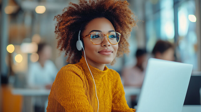 Businesswoman at computer, video conference. AI generated. - Powered by Adobe
