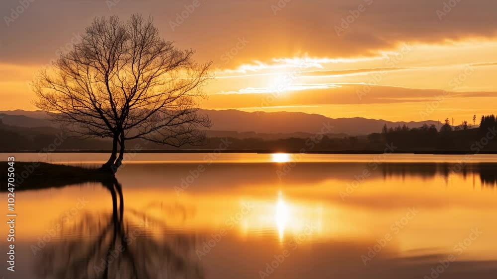 Poster a tree is reflected in the water of a lake. the sun is setting, casting a warm glow over the scene