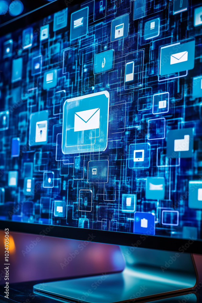 Poster computer screen with a data breach warning, set against thin file icons.