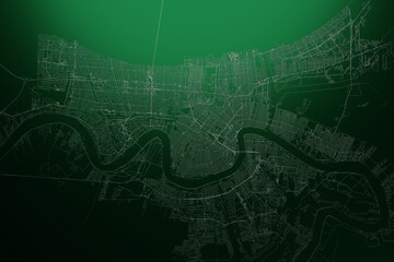 Street map of New Orleans (Louisiana, USA) engraved on green metal background. Light is coming from top. 3d render, illustration