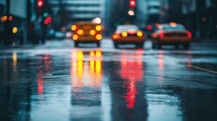 Blurred image of a rainy city street with reflections of colorful traffic lights and moving vehicles on the wet road surface.