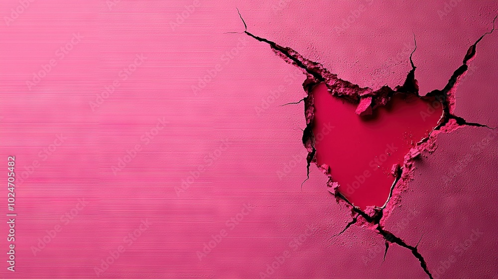 Poster a detailed image of a damaged pink wall featuring a circular gap and an embedded red heart within it