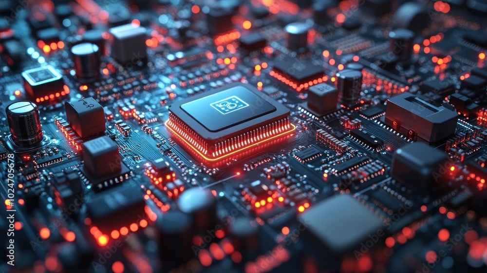 Poster close-up of a circuit board with glowing components.