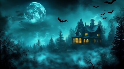 A dark Halloween night background with a creepy, old house illuminated by the moon, surrounded by flying bats. The scene is eerie with misty fog creeping over the ground and trees in silhouette