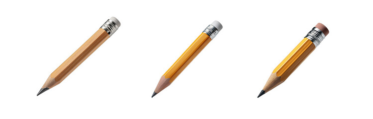 Three yellow pencils with erasers are lying on a white surface.