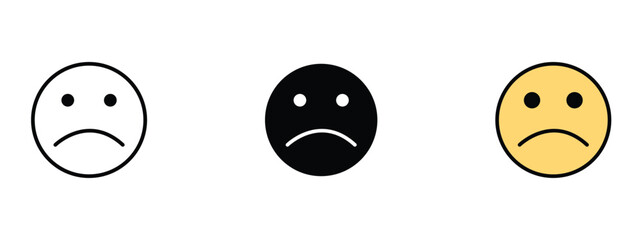 Sad icon in outline, silhouette and editable colors in unexpandable vector form, sad face icons set in different editable styles