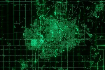 Map of the streets of Sioux Falls (South Dakota, USA) made with green illumination and glow effect. Top view on roads network. 3d render, illustration