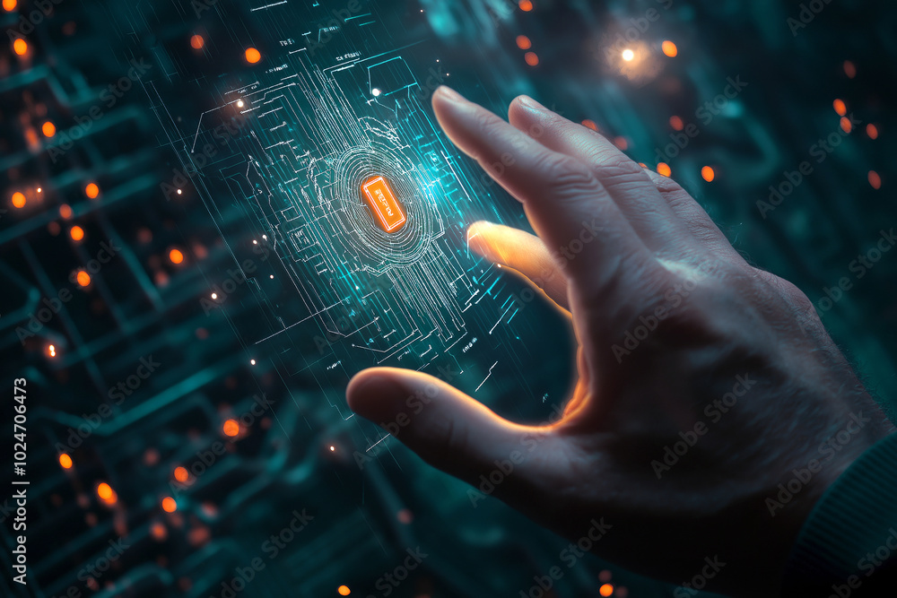 Poster human's hand reaching towards a floating holographic lock, with thin circuit lines around it.