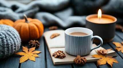 Cozy autumn setting with a mug of hot beverage, small pumpkin, candle, walnuts, autumn leaves, and a knitted blanket on a wooden table.
