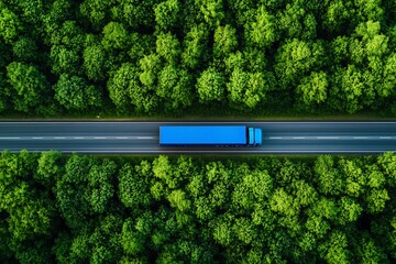 Aerial view of a blue truck driving on a road surrounded by dense green forest.