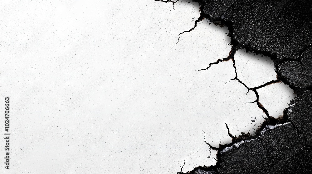 Poster a monochrome image of a fissure on a structure's facade with a clock positioned above it
