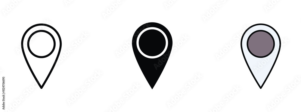 Poster navigation pin icon in outline, silhouette and editable colors in unexpandable vector form, navigati