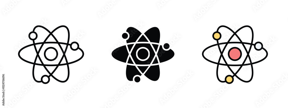 Poster physics icon in outline, silhouette and editable colors in unexpandable vector form, atom icons set 