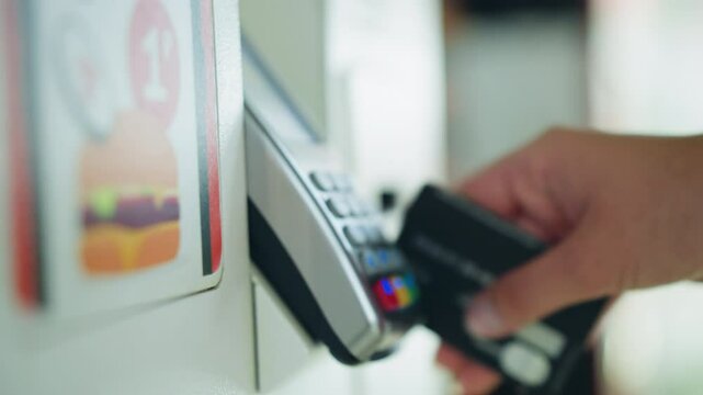 Lady in pink shirt wearing a wrist chain slides a black card into a white ATM machine to complete a payment transaction, with unclear items in the background, the background is blurred