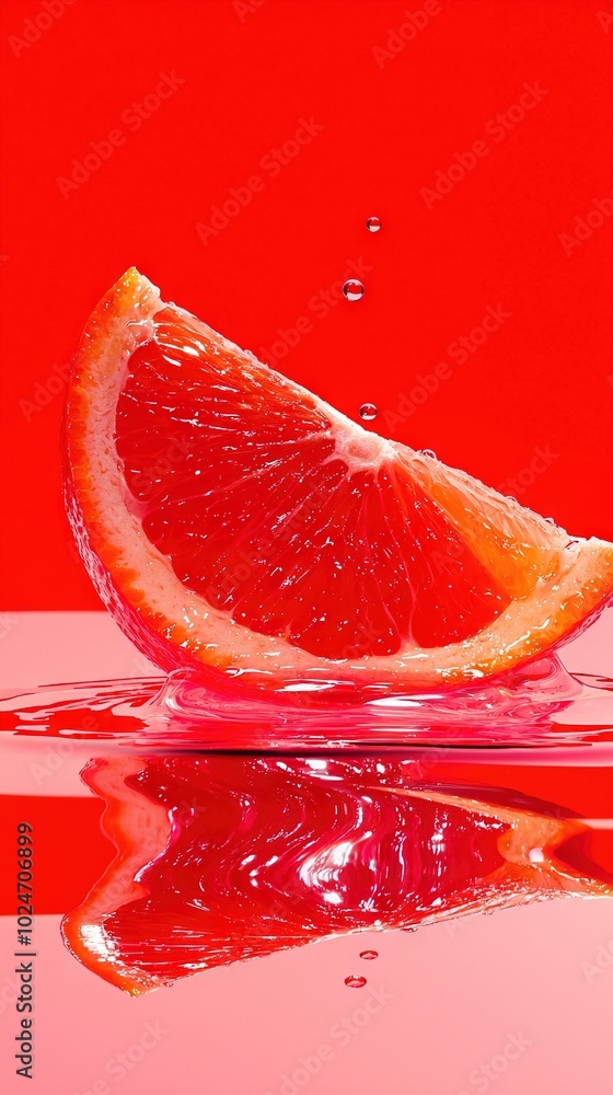 Poster a single grapefruit resting atop a puddle of water alongside another grapefruit slice