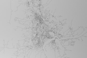 Map of the streets of Bangui (Central African Republic) made with black lines on grey paper. Top view. 3d render, illustration