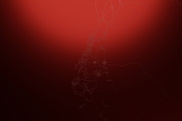 Street map of Moroni (Comores) engraved on red metal background. Light is coming from top. 3d render, illustration