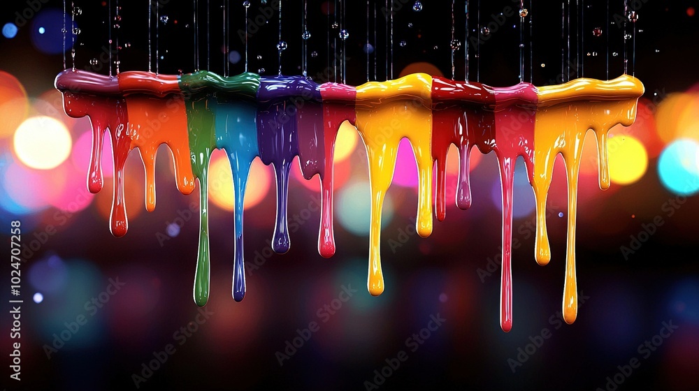Poster a group of multicolored drips dangling from a string against a dark backdrop with hazy ambient light