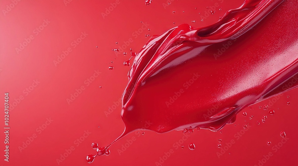 Poster a macro of a reddish fluid with water droplets on its surface and at the base