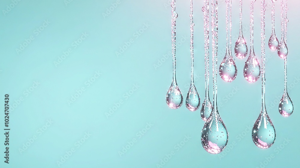 Poster a cluster of droplets dangling from a string against a blue and green backdrop, illuminated by a sof