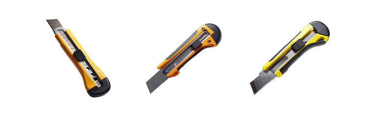 Obraz premium Three utility knives with yellow and black handles and silver blades on a white background.