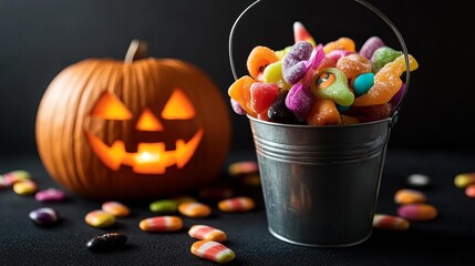 Bucket filled with colorful Halloween candies, sitting by a carved pumpkin, Halloween candy festivity, concept