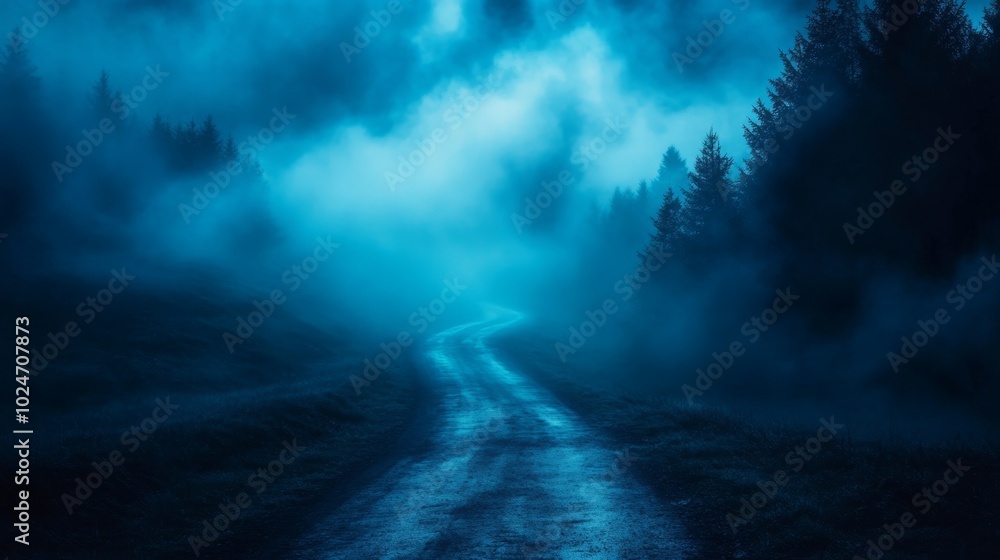 Poster a foggy forest road with trees in the background