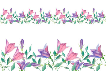 Seamless floral border with bluebells in pink and purple color.Double repeat.Watercolor illustration.Ribbon for tile,mural,stationery and textile design.Handmade watercolor illustration