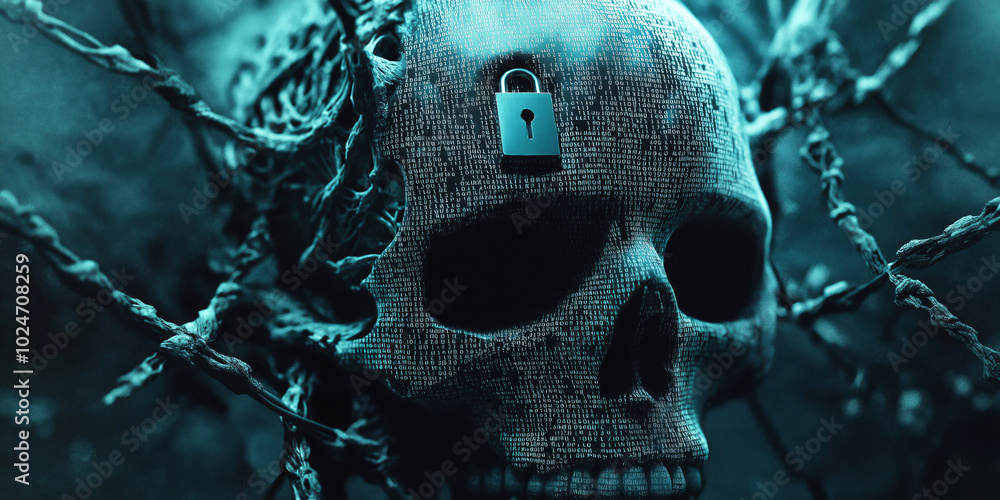 Poster minimalist skull with a lock, where the bones are made of network wires and codes.