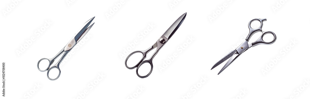 Poster three pairs of sharp scissors on a white background.