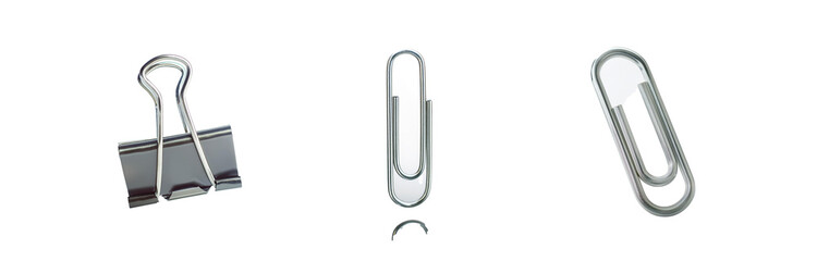 Three silver metal paperclips with a white background