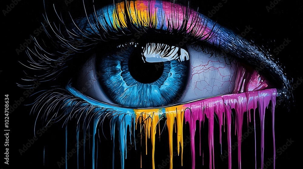 Poster a close-up portrait of an eye painted with vivid shades of color the iris of the eye is adorned with