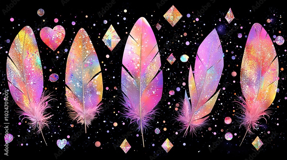 Poster a vibrant cluster of multi-colored feathers adorns the edge of an inky canvas, surrounded by countle