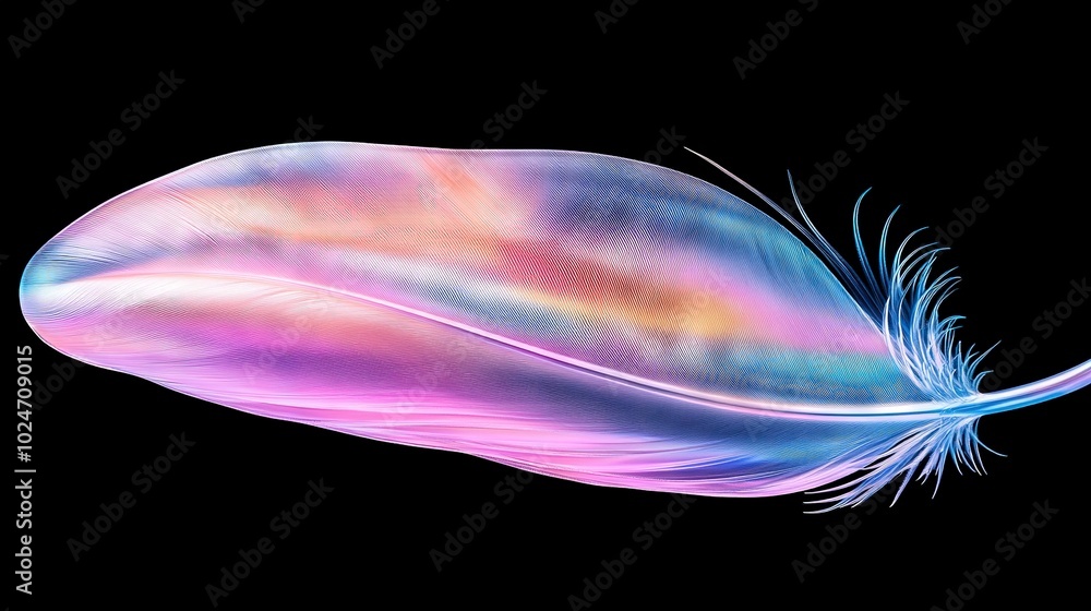 Poster a colorful bird feather against dark backdrop with reflection on the side