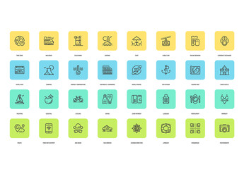 Vector set of vacation and travel flat line web icons. Each icon with adjustable strokes neatly designed on pixel perfect 48X48 size grid. Fully editable and easy to use.