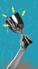A contemporary artistic collage featuring a hand holding a trophy.
