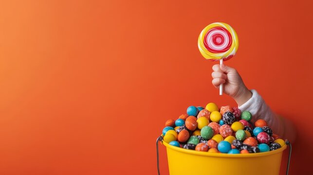 Child holding a lollipop, with candy spilling from a bucket, Halloween candy joy, concept