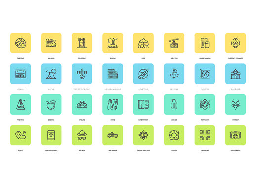 Vector set of vacation and travel flat line web icons. Each icon with adjustable strokes neatly designed on pixel perfect 48X48 size grid. Fully editable and easy to use.
