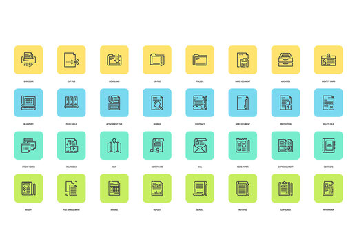Vector set of files and documents flat line web icons. Each icon with adjustable strokes neatly designed on pixel perfect 48X48 size grid. Fully editable and easy to use.