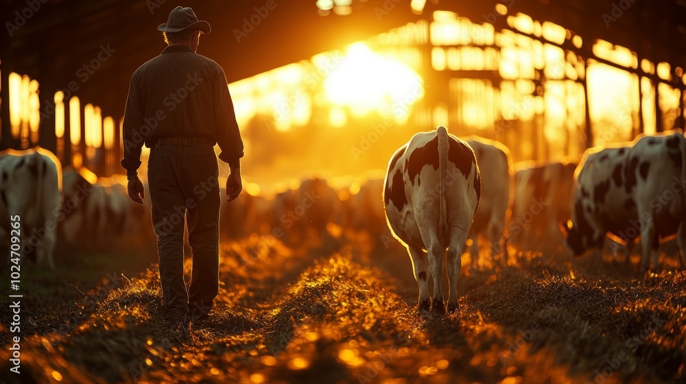 Poster a man walks through a field of cows