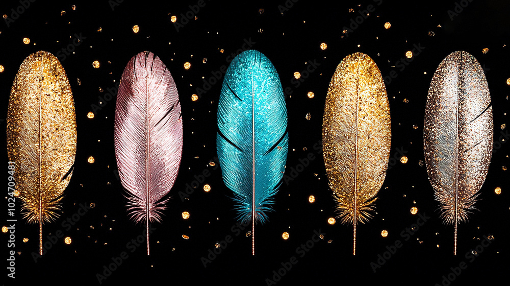 Poster black background with gold flecks and colorful feathers arranged in rows