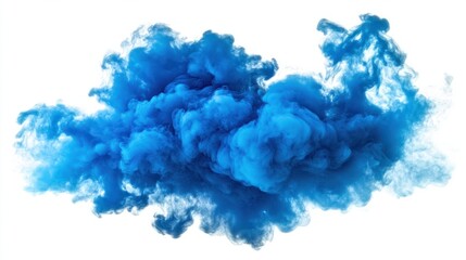 A thick, swirling blue smoke explosion creating abstract shapes, suspended in mid-air on a white background.