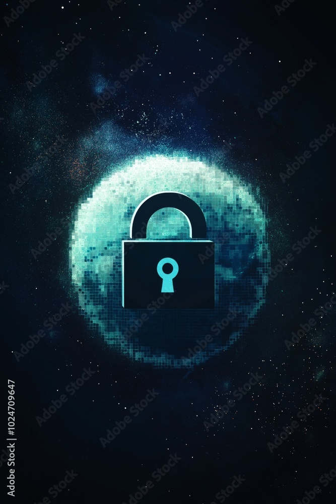 Poster simple lock icon over a pixelated globe, representing global internet security.