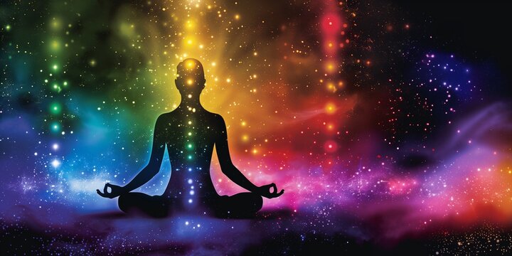 A meditating silhouette sits peacefully amid swirling colors that symbolize the human chakras and spiritual energy emanating from within