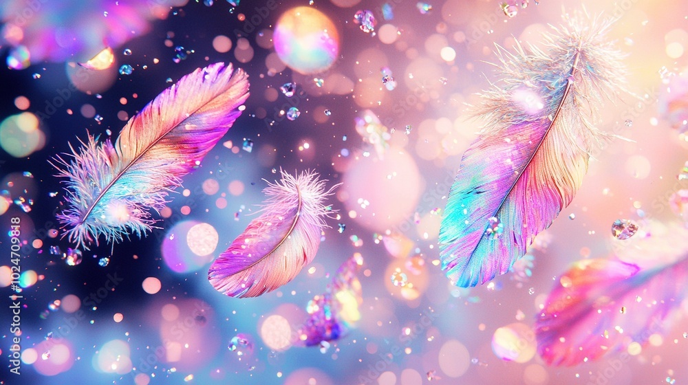Aufkleber three colorful feathers float in the light, their iridescence shimmering amidst the hazy backdrop