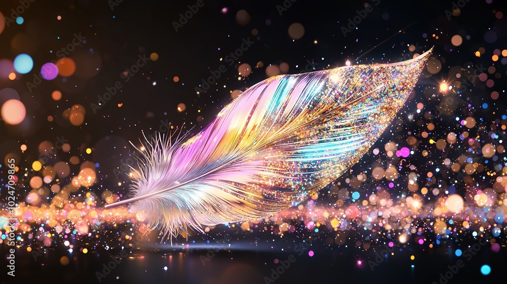 Poster feather detail on dark background with soft bokeh lighting